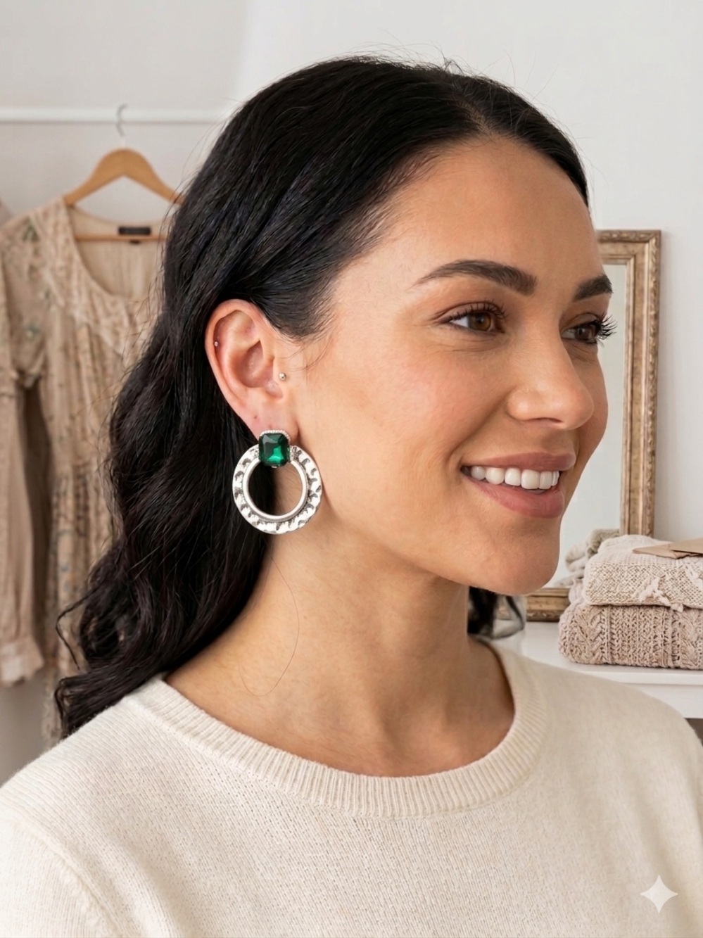 paparazzi Silver Hoop Earrings with Emerald Green Gem - Women Jewelry